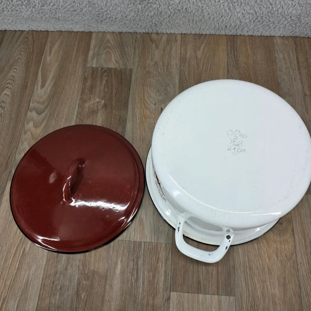 Vintage Floral Enamelware Stock Pot White Brown 24cm Retro Dutch Oven with Lid